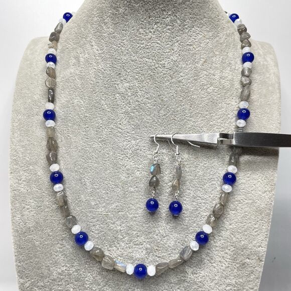 Artisan Labradorite Chip Gemstone Blue Gemstone Beaded Necklace Earrings Set - Picture 1 of 8